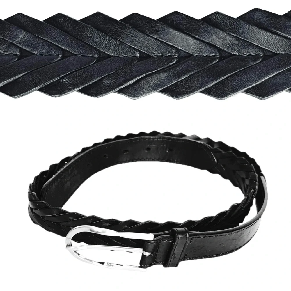 Giorgio Armani Black Braided Woven Leather Belt Silver Buckle